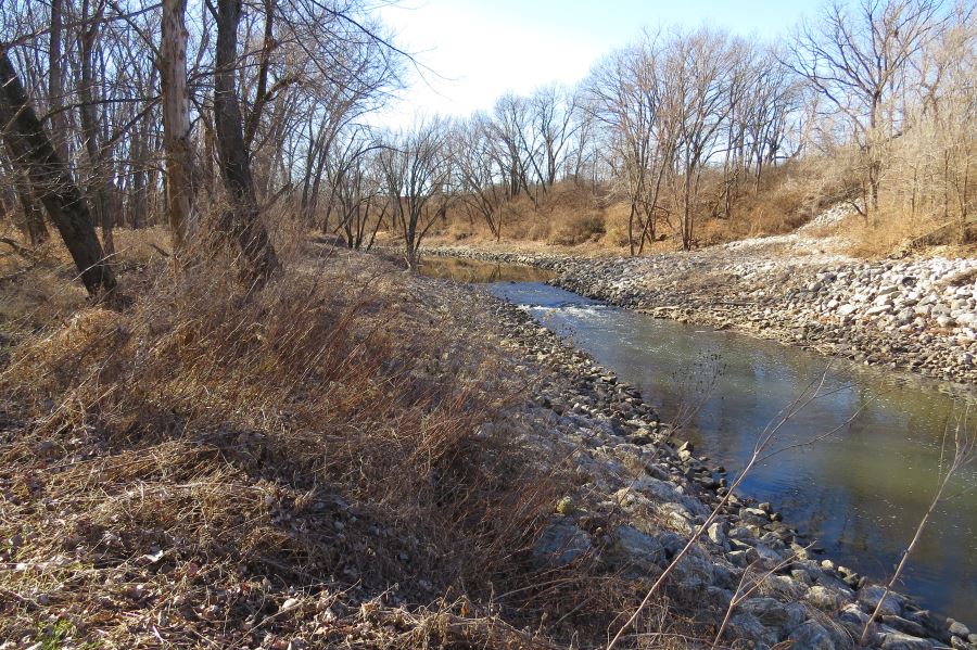 Big Blue River near point where Dee's Battalion crossed showing flood control work.