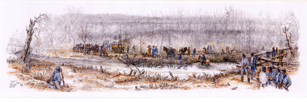 "Contested Crossing," a scene from October 22, 1864, at Byram's Ford on the Big Blue River in Kansas City, Missouri. "Contested Crossing," a scene from October 22, 1864, at Byram's Ford on the Big Blue River in Kansas City, Missouri.