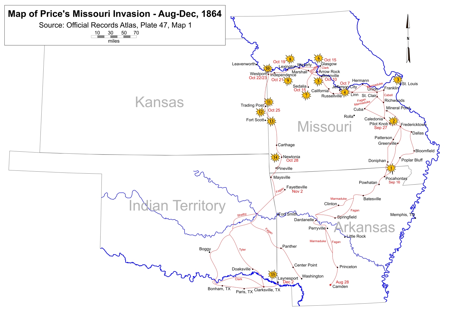 Annotated Map of Price's 1864 Missouri Invasion