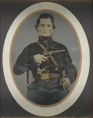 Private Silas York of Co. F, 5th Illinois Cavalry Regiment, with single shot percussion pistol, Lefaucheux revolver, and sword Private Silas York of Co. F, 5th Illinois Cavalry Regiment, with single shot percussion pistol, Lefaucheux revolver, and sword