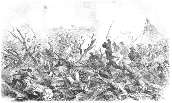 Federal troops attacking a fortified Confederate position.