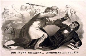 Sketch of Congressman Preston Brooks attacking Senator Charles Sumner on the floor of the US Senate.