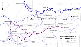 Map of route taken by Quantrill during 1863 Lawrence Raid